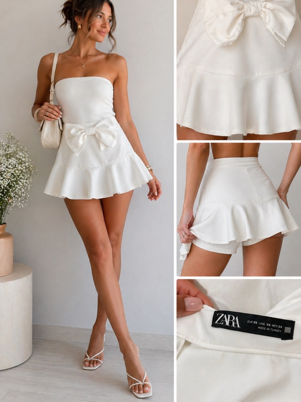 ZARA White Bow Skort Mini Skirt XS Flowy Flare